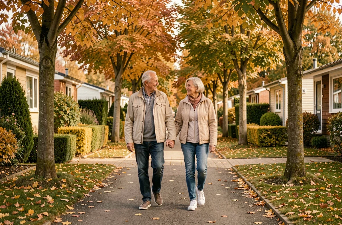 Couple de seniors se promenant dans l'allée arborée de la résidence Les Senioriales à Compiègne