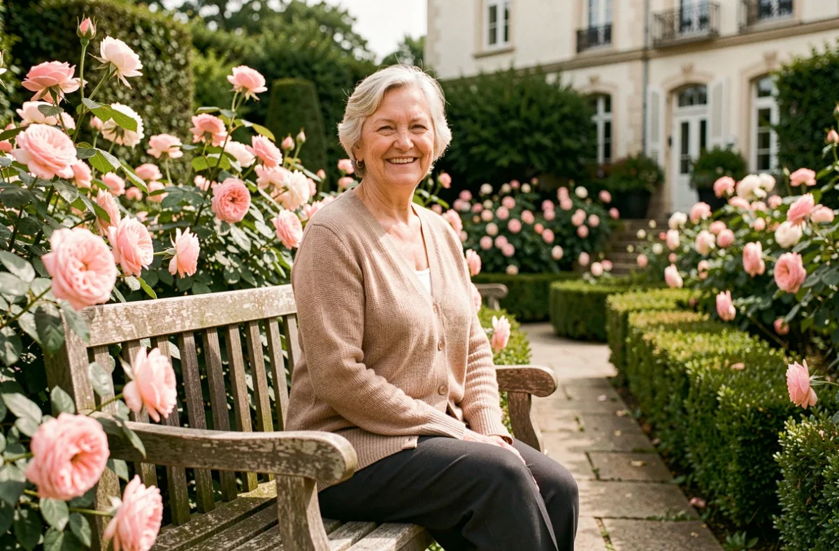 Résidente senior souriante dans le jardin fleuri de la résidence Les Templitudes La Roseraie à Osny