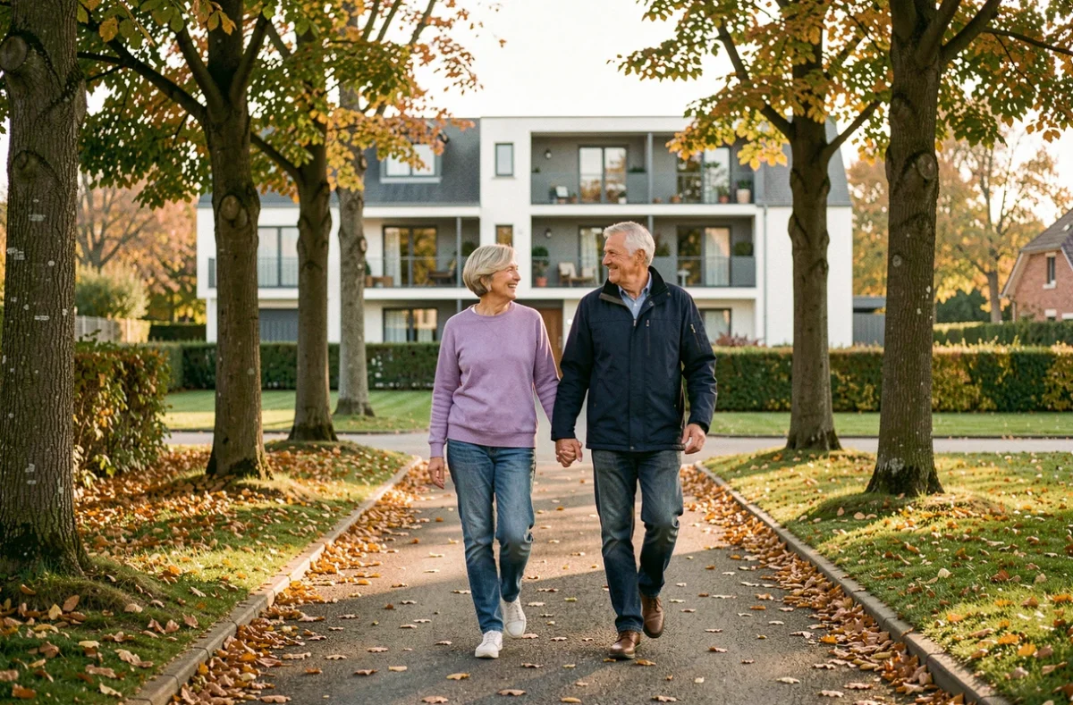 Couple de résidents seniors se promenant près de la résidence Les Villages d'Or à Jouy-le-Moutier
