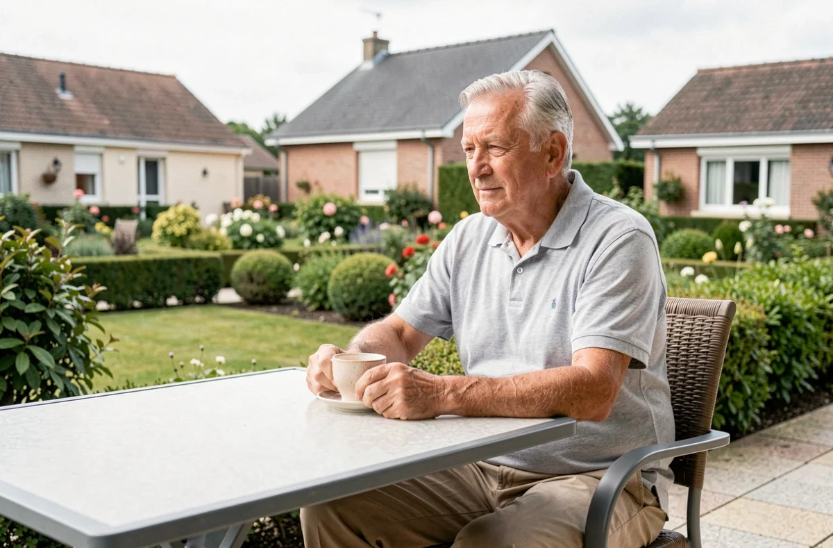 Résident senior prenant un café en terrasse à la résidence Les Villages d'Or de Pierrelaye