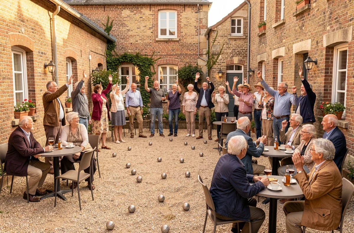 Résidents seniors jouant à la pétanque dans la cour de la résidence Les Villages d'Or à Valenciennes