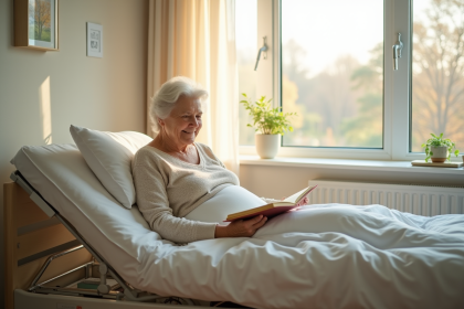 Lit hospitalier moderne pour seniors dans une chambre lumineuse