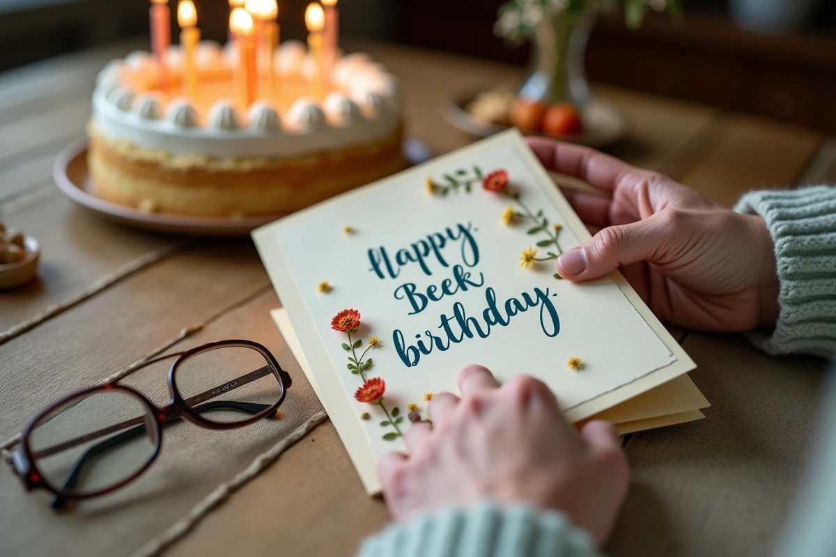 Mains de grand-mère tenant une carte d'anniversaire manuscrite avec un poème tendre entouré de fleurs séchées