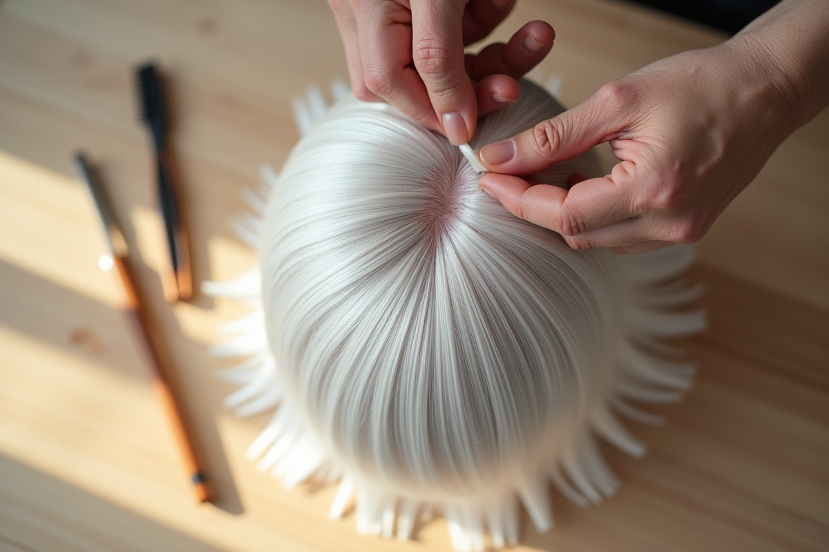 Mains de senior manipulant des cheveux blancs sur une table en bois