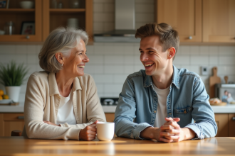 Femme et son fils adolescent discutent à la cuisine