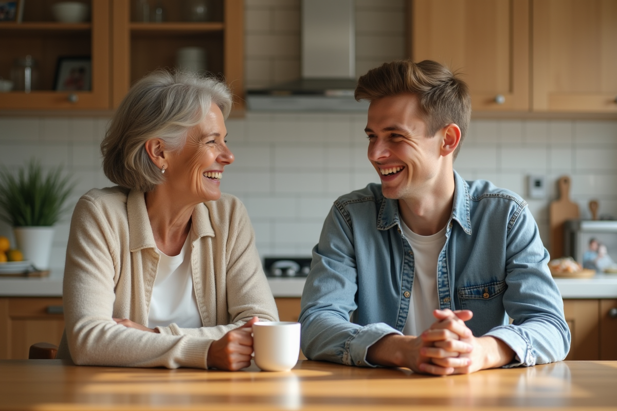 Femme et son fils adolescent discutent à la cuisine