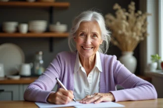 Grand-mère âgée écrivant un poème d'anniversaire dans une carte de vœux à une table en bois dans une cuisine chaleureuse