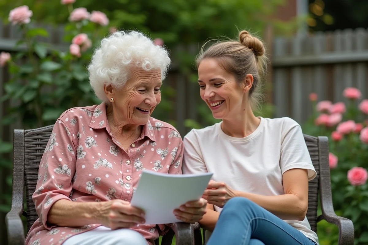 Grand-mère lisant un poème d'anniversaire à sa petite-fille dans un jardin fleuri au printemps