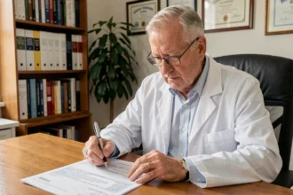 Médecin retraité en blouse blanche annotant une ordonnance médicale à son bureau à domicile