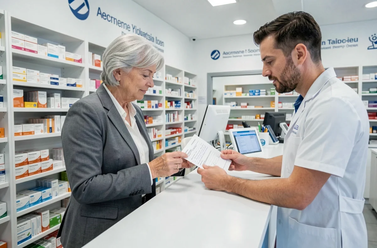 Médecin retraitée vérifiant une ordonnance avec un pharmacien dans une pharmacie moderne