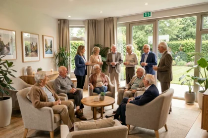 Groupe de résidents seniors heureux dans le salon commun d'une résidence senior moderne dans les Hauts-de-France