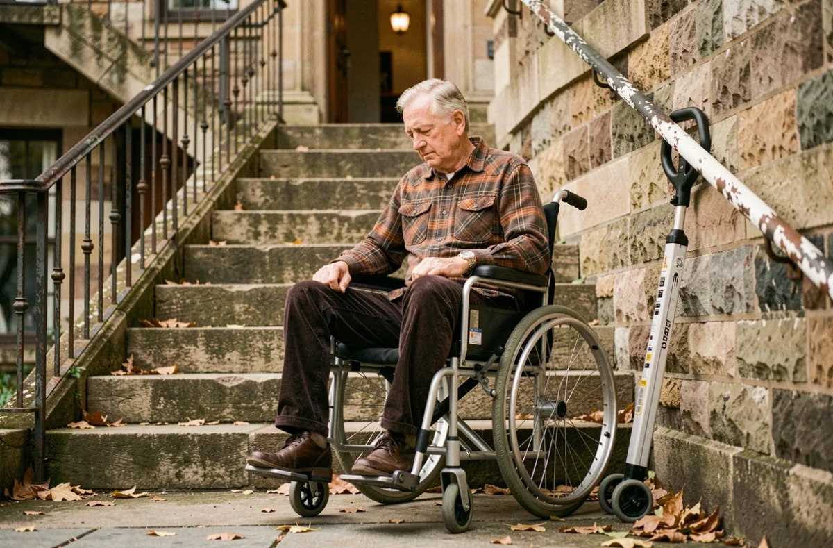 Personne en fauteuil roulant devant un escalier extérieur en pierre avec un monte escalier portable inadapté laissé contre le mur
