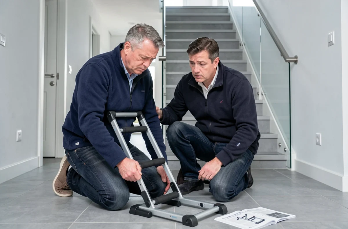 Homme d'âge moyen examinant un monte escalier portable déplié dans un couloir moderne, tentant de comprendre les instructions