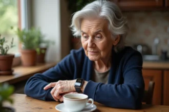 Femme senior portant une montre GPS connectée au poignet, assise dans sa cuisine, illustrant le suivi de localisation discret pour les personnes âgées