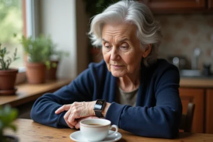 Femme senior portant une montre GPS connectée au poignet, assise dans sa cuisine, illustrant le suivi de localisation discret pour les personnes âgées