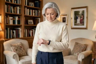 Femme âgée élégante portant une montre connectée moderne dans un salon raffiné