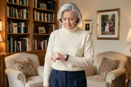 Femme âgée élégante portant une montre connectée moderne dans un salon raffiné