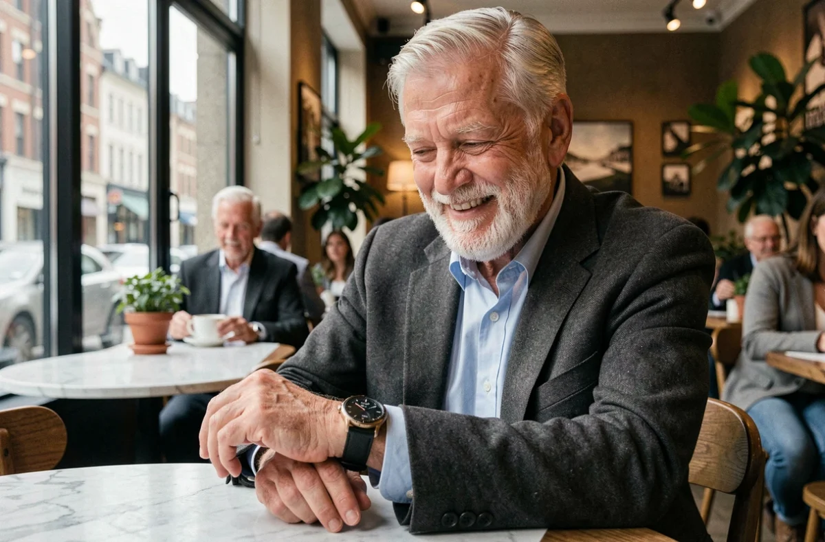 Homme senior actif consultant sa montre connectée élégante dans un café urbain