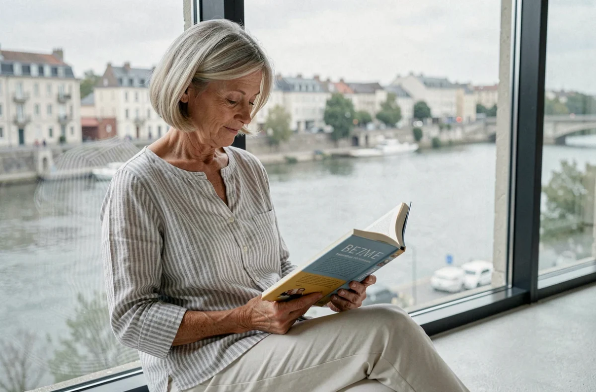 Résidente senior lisant près d'une grande fenêtre avec vue sur Bezons à la résidence Nohée