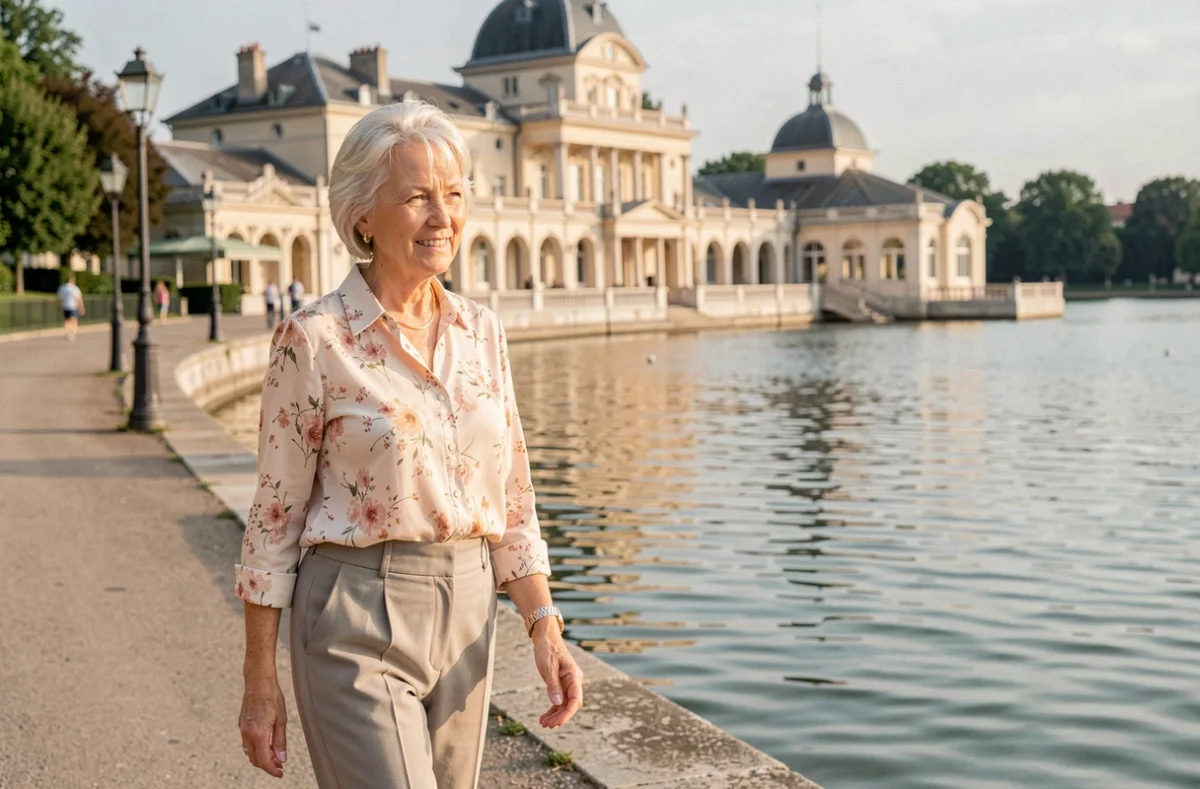 Résidente senior se promenant au bord du lac d'Enghien-les-Bains, près de la résidence Nohée