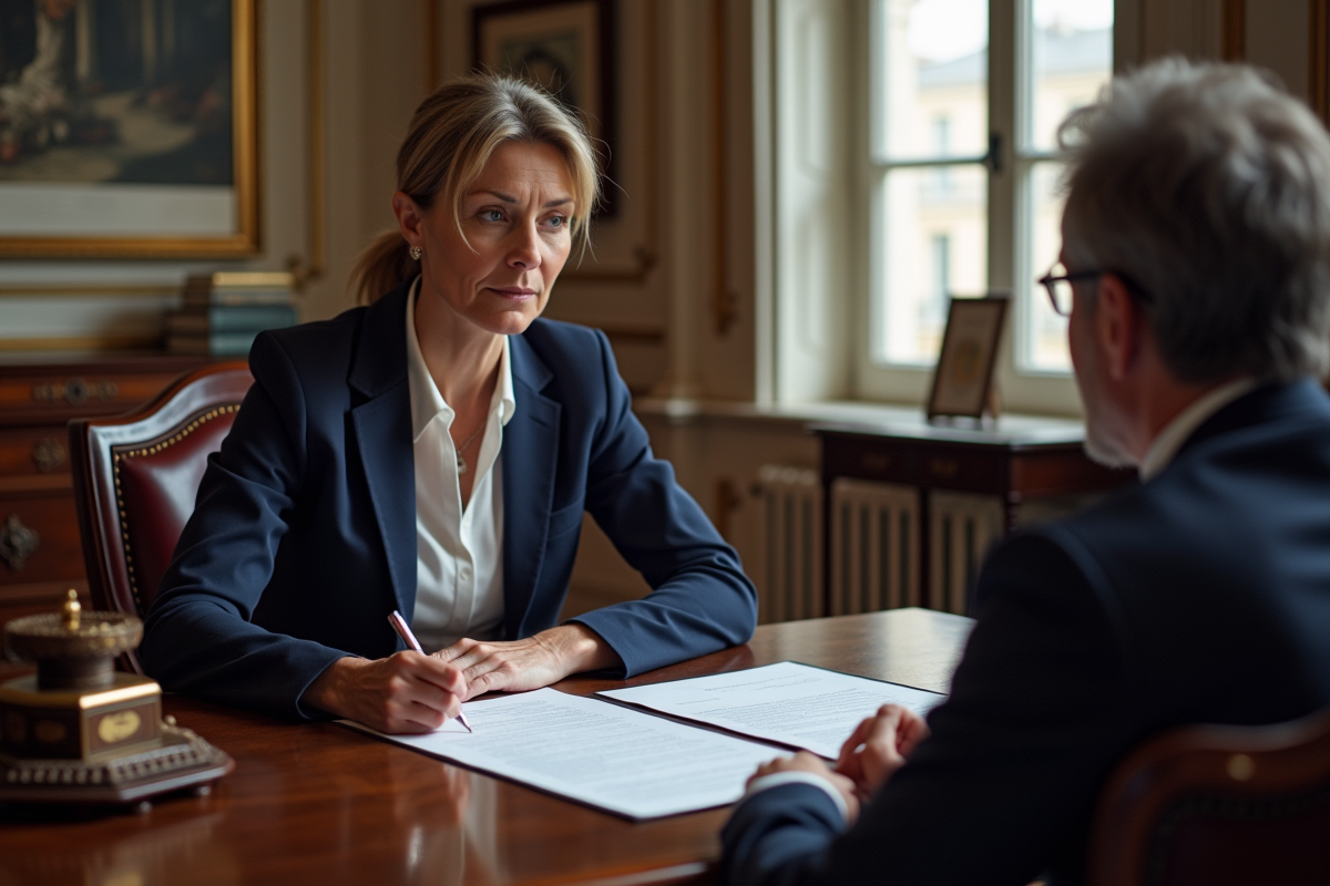 Femme française et notaire examinant un testament dans un bureau parisien
