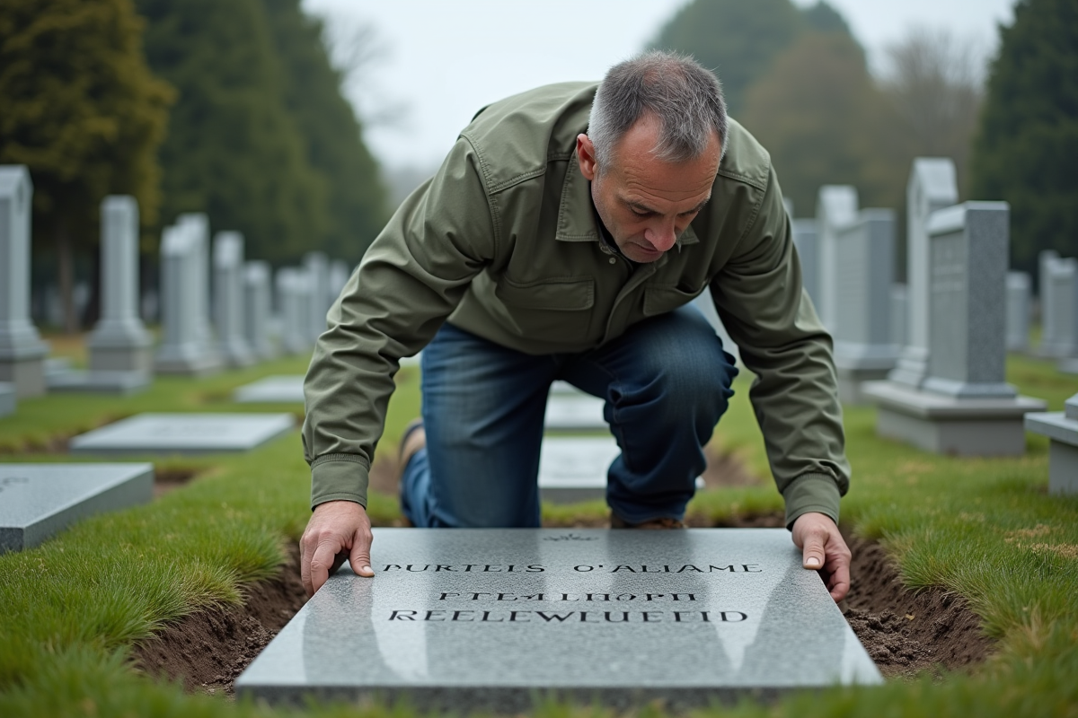 Ouvrier posant une pierre tombale dans un cimetière urbain