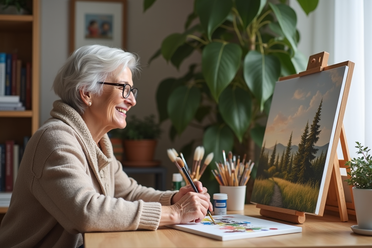 Femme retraitée peignant un paysage dans un salon chaleureux