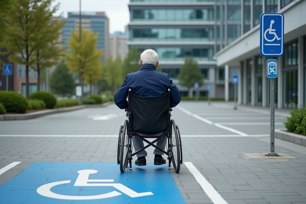 Homme âgé en fauteuil roulant dans un parking accessible