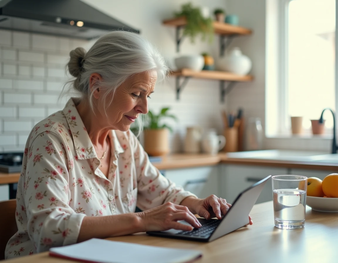 Personne âgée autonome utilisant une tablette numérique pour gérer ses affaires à domicile