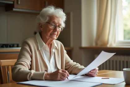 Personne âgée consultant des documents administratifs liés au GIR 2 à domicile