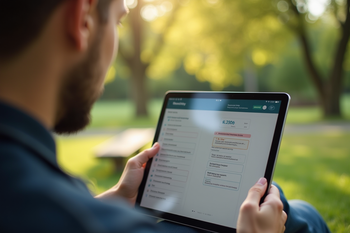 Personne dans un parc vérifiant sa liste de tâches sur une tablette