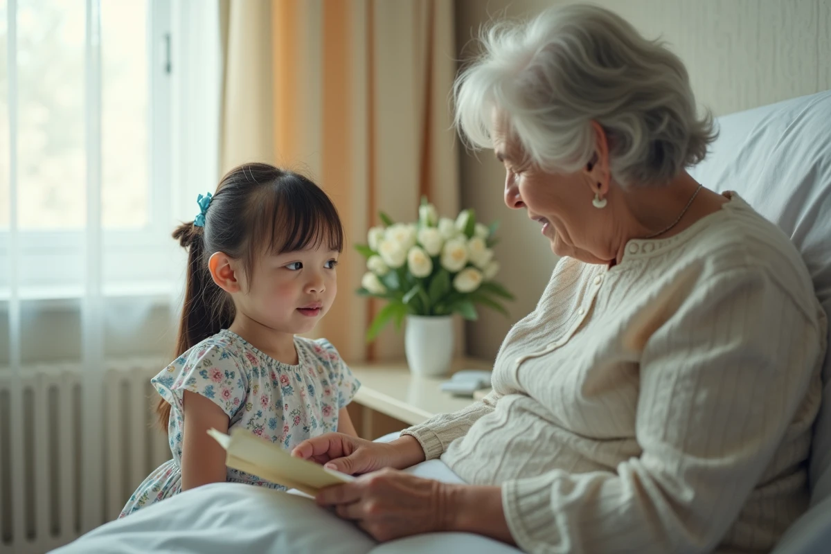 Petite fille lit à sa grand-mère à l