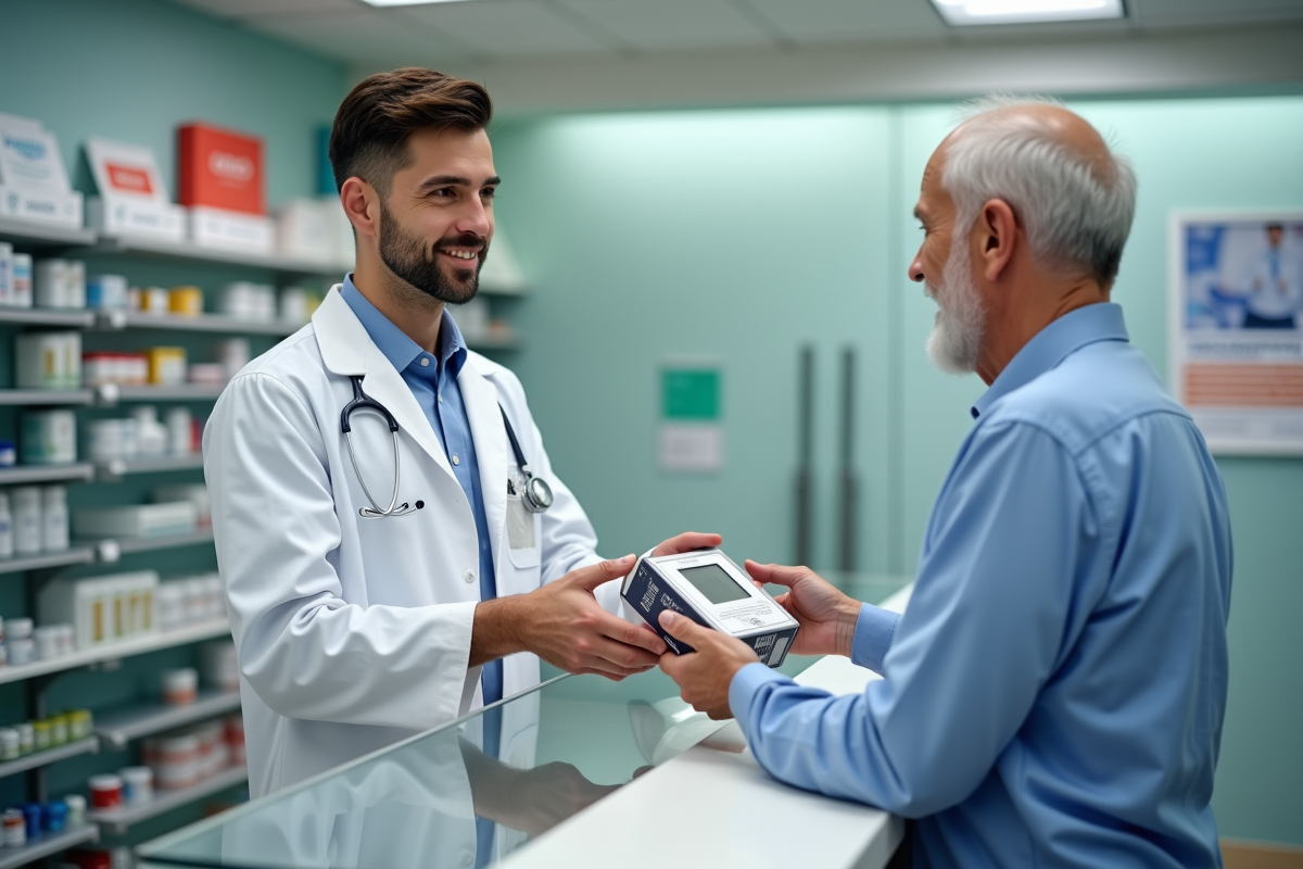 Jeune pharmacien remettant un moniteur de pression à un client âgé