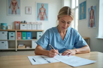 Physiothérapeute consultant une grille d'évaluation de l'équilibre de Tinetti imprimée sur son bureau de cabinet médical