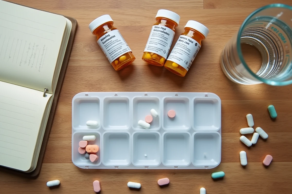 Vue de dessus d'un pilulier senior avec des flacons de RITONIC et de multivitamines classiques sur une table en bois