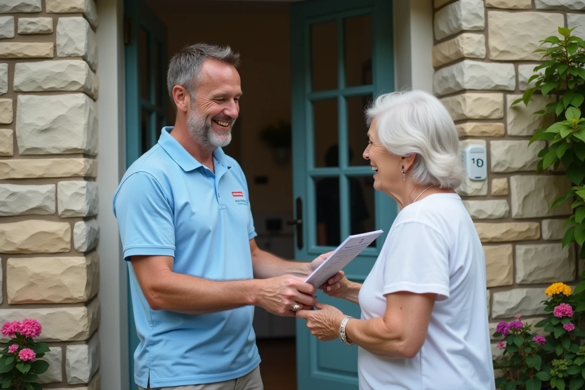 Professionnel de l'aide à domicile remettant une brochure tarifaire à une personne âgée devant sa maison