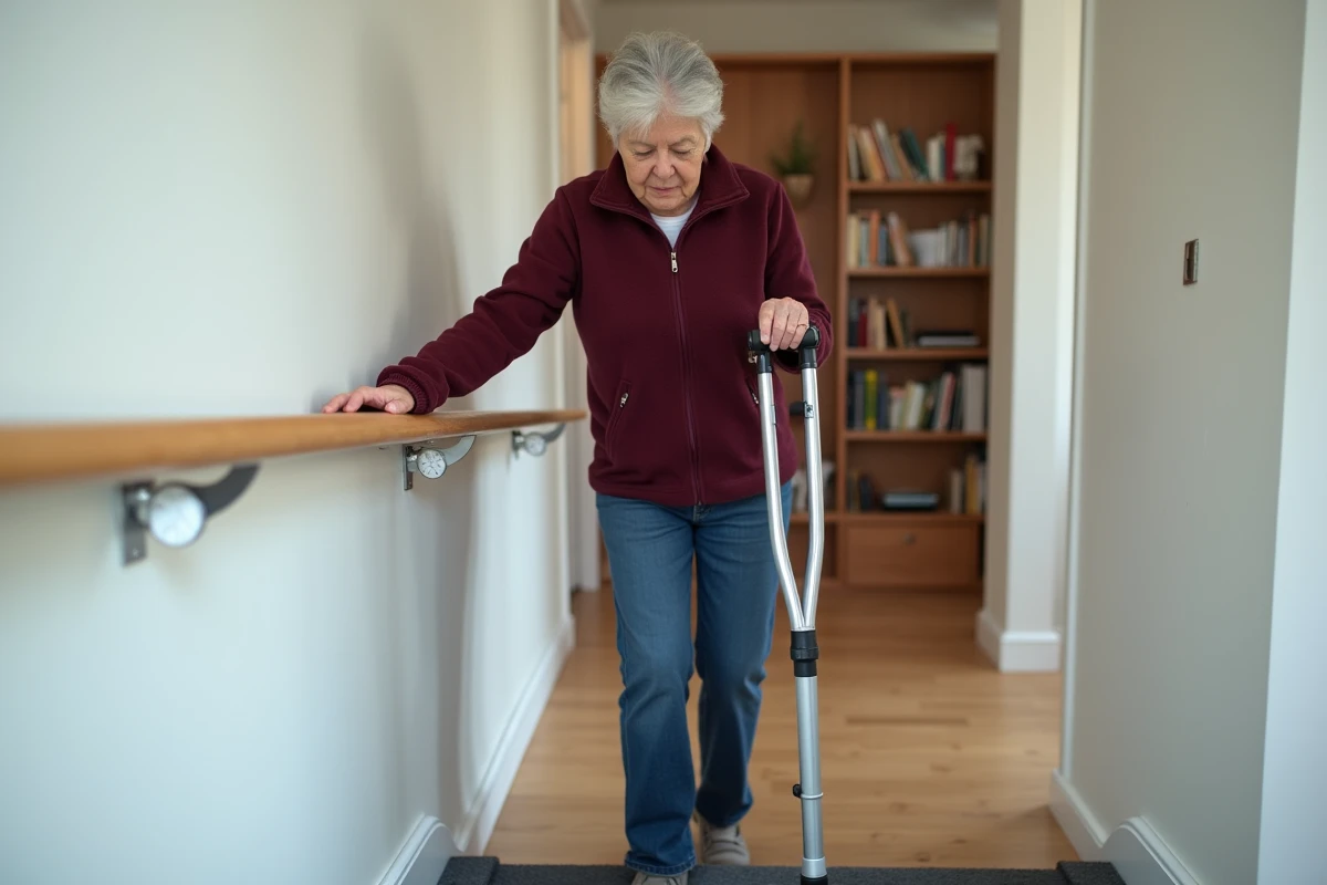 Femme âgée utilisant une rampe d'accès intérieure et des béquilles dans un appartement adapté, représentant les aménagements du domicile liés au niveau GIR