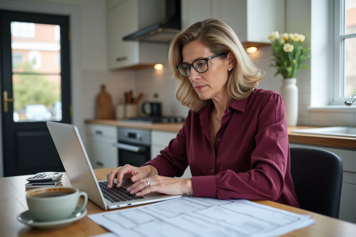 Femme à domicile effectuant des recherches sur les aides financières pour la maison de retraite de son parent depuis son ordinateur