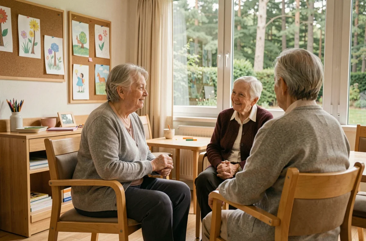 Résidente senior participant à une activité dans la salle commune de la résidence autonomie Charles de Foucauld à Saint-Brice-sous-Forêt
