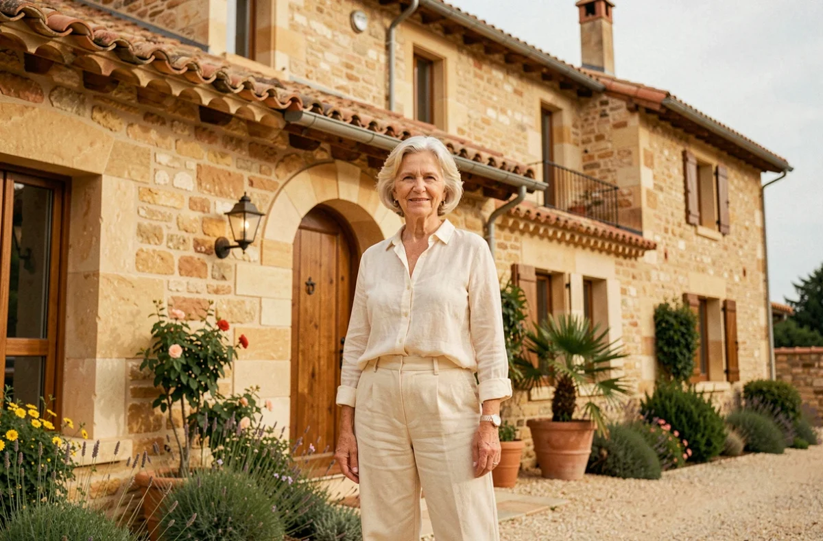 Résidente senior devant la façade de style bastide de la résidence La Bastide à Cergy