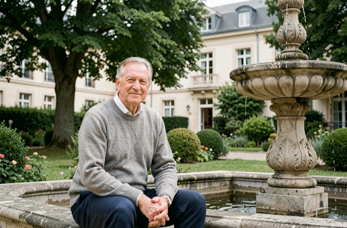Résident senior assis près de la fontaine dans le jardin de la résidence La Fontaine à Saint-Gratien