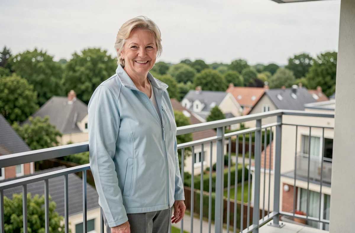 Résidente senior souriante sur le balcon de la résidence Les Petits Balcons à Villiers-le-Bel