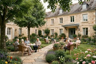 Vue d'ensemble d'une résidence senior dans les Deux-Sèvres, avec jardin fleuri et résidents profitant de l'espace extérieur