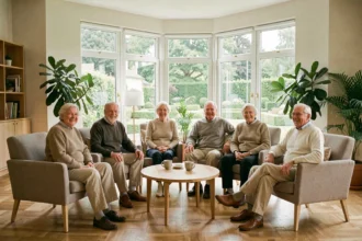 Groupe de résidents seniors heureux dans le salon commun d'une résidence senior du Val-d'Oise