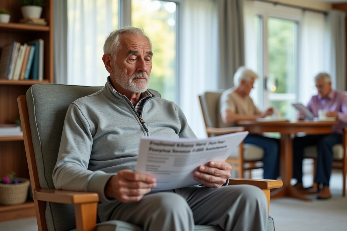 Résident âgé d'une maison de retraite consultant une brochure sur les aides financières disponibles selon les revenus