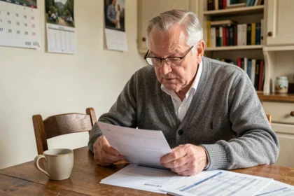 Retraité homme lisant ses relevés de retraite Agirc-Arrco à domicile