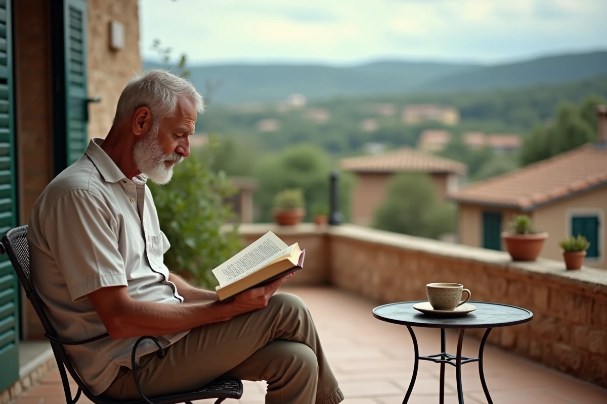 Retraité expatrié lisant sur la terrasse d'une villa abordable à l'étranger avec vue sur la campagne