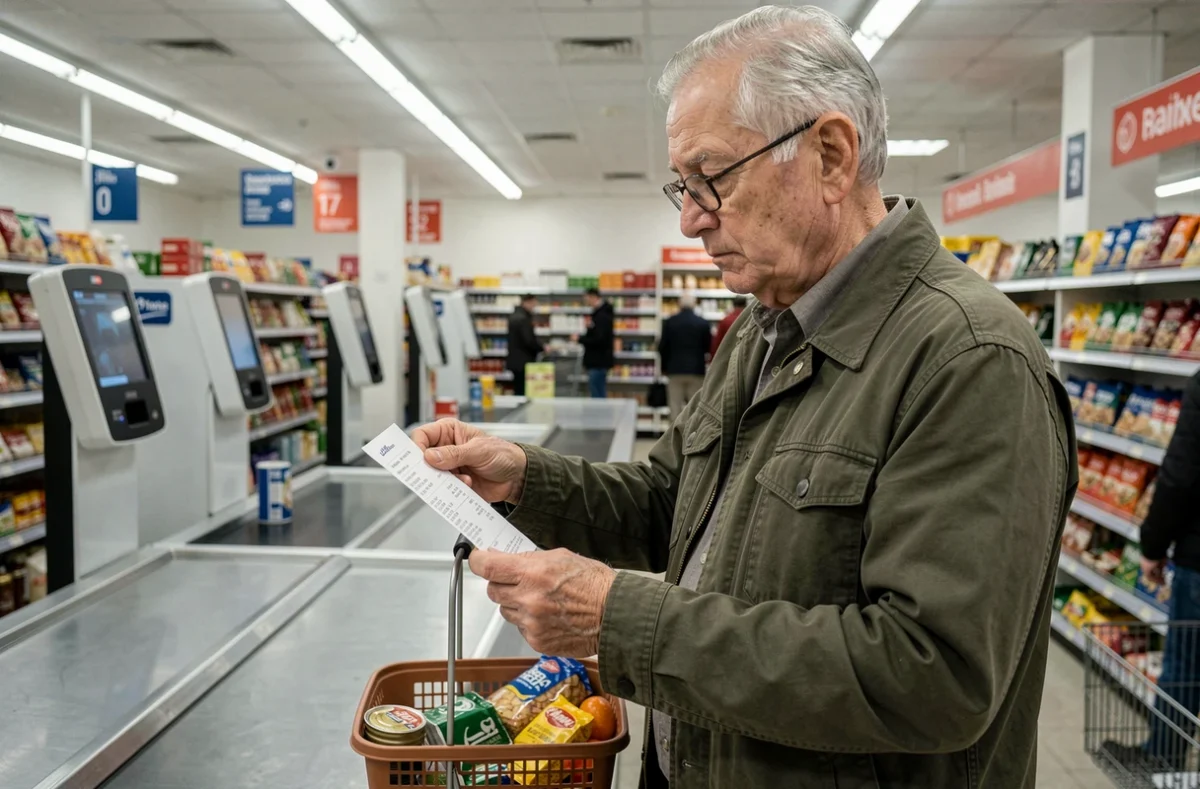 Retraité vérifiant son ticket de caisse au supermarché face à la hausse du coût de la vie et au gel des retraites Agirc-Arrco
