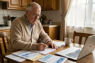 Retraité senior analysant sa simulation d'impôt avec abattement fiscal de 10% sur ses documents de retraite à la table de cuisine