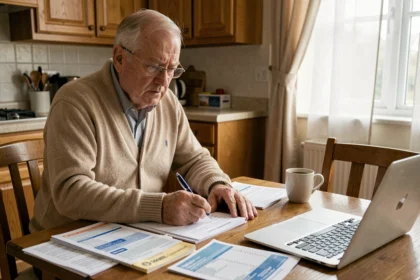 Retraité senior analysant sa simulation d'impôt avec abattement fiscal de 10% sur ses documents de retraite à la table de cuisine